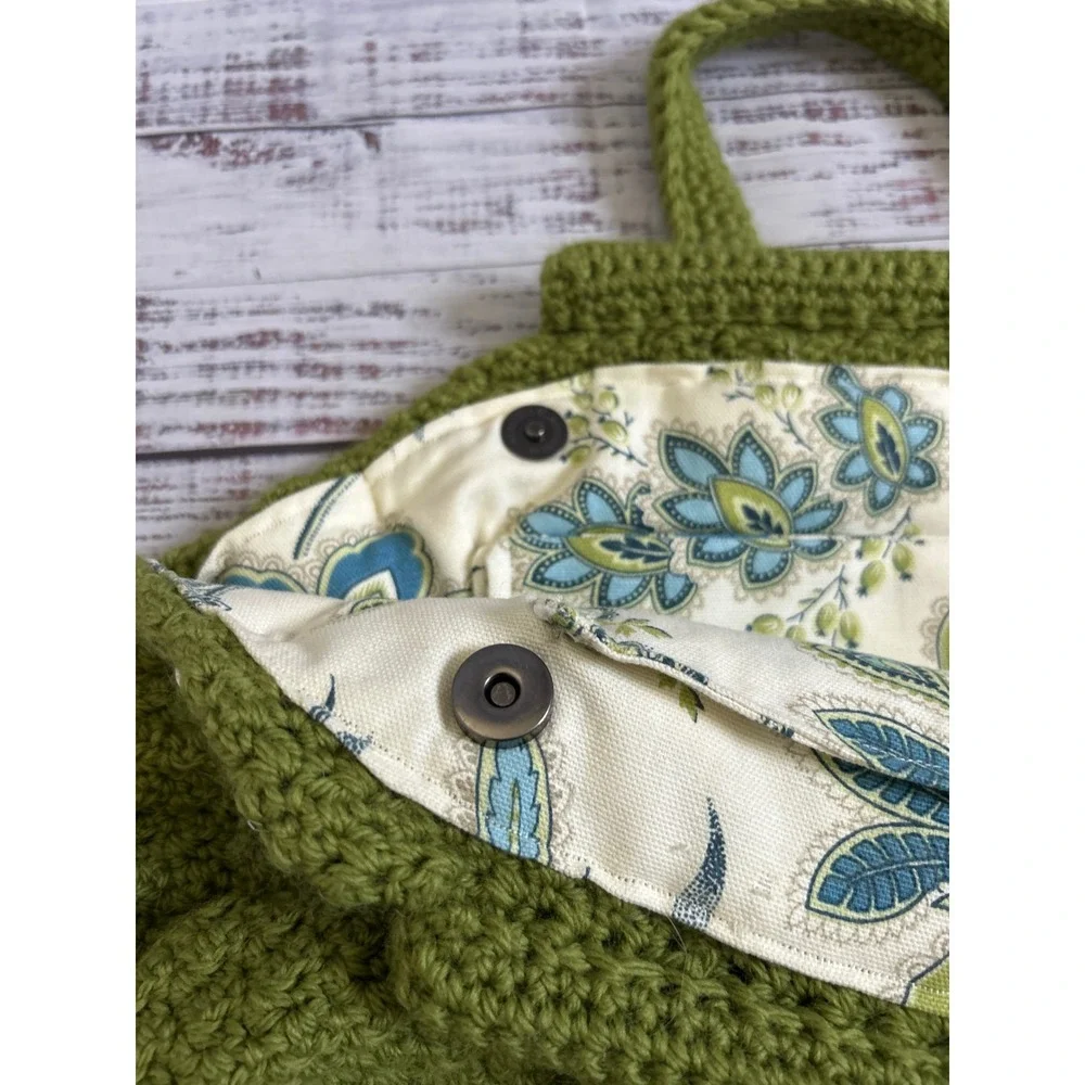 Crochet Tote Bag Handmade Green Floral Lining Boho Cottage Button Accents Large